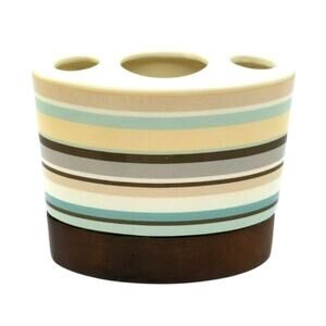 Handcrafted Ceramic Toothbrush Holder On Wood Base Brown Green Cream Striped